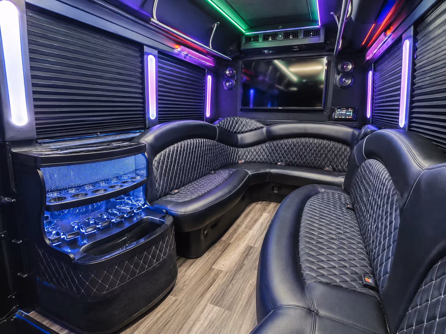 Passenger seating aboard a party bus rental serving High Point